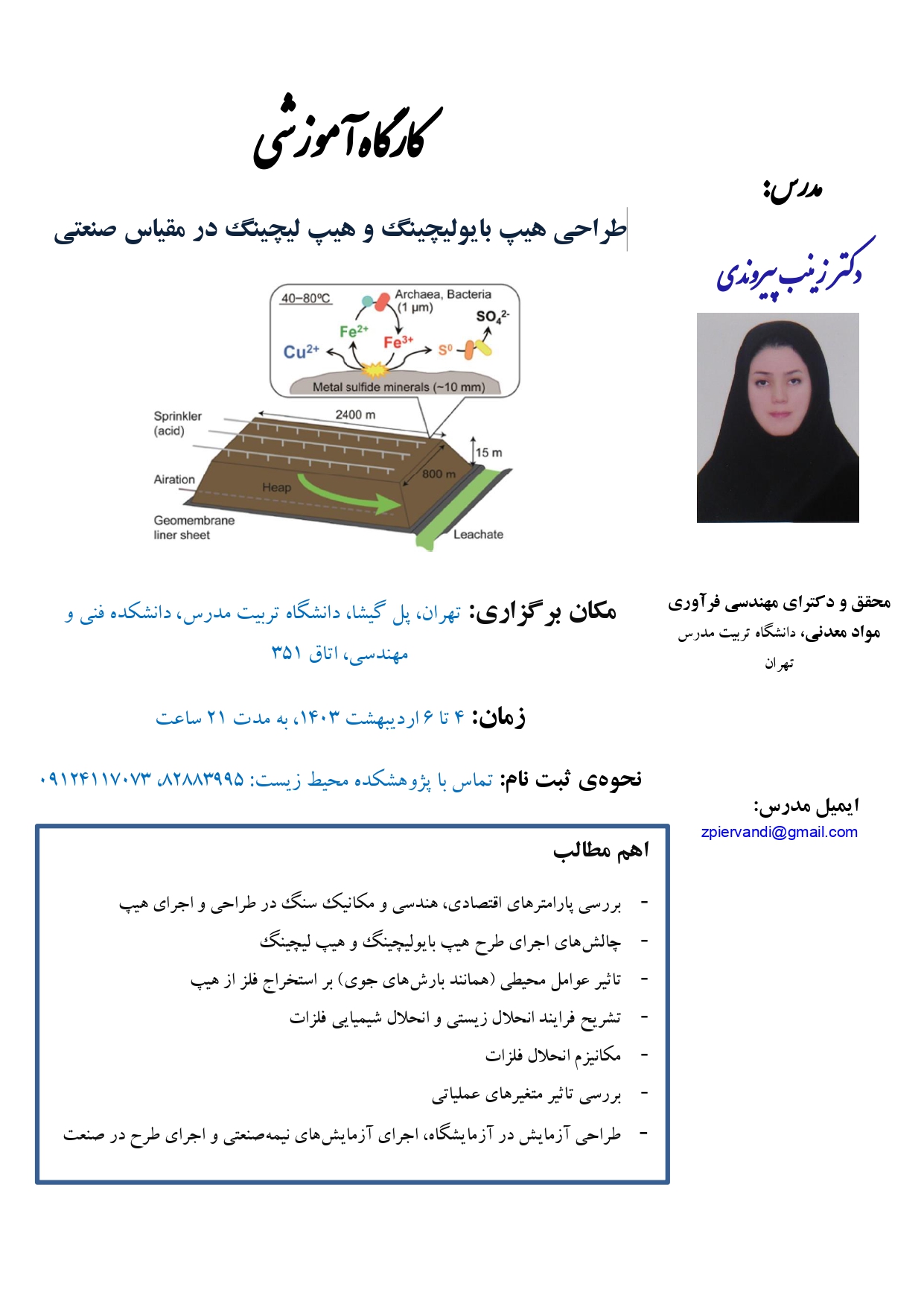 کارگاه آموزشی  طراحی هیپ بایولیچینگ و هیپ لیچینگ در مقیاس صنعتی